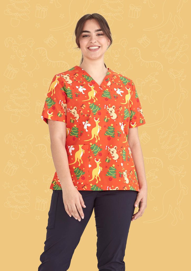 Biz Care Womens Christmas 'Australia Orange' V-Neck Scrub