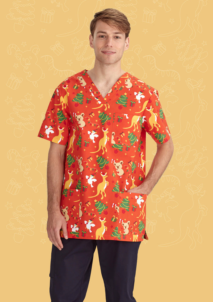Biz Care Mens Christmas V-Neck Scrub